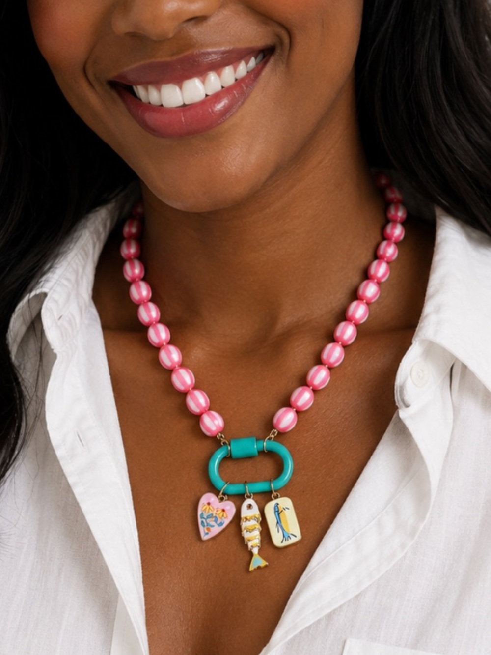 New! Coastal Colorful Pink Beaded Carabiner Fish Dopamine Necklace NWOT 5046